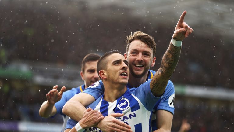 Anthony Knockaert celebrates scoring the opening goal during the Premier League match between Brighton and Bournemouth