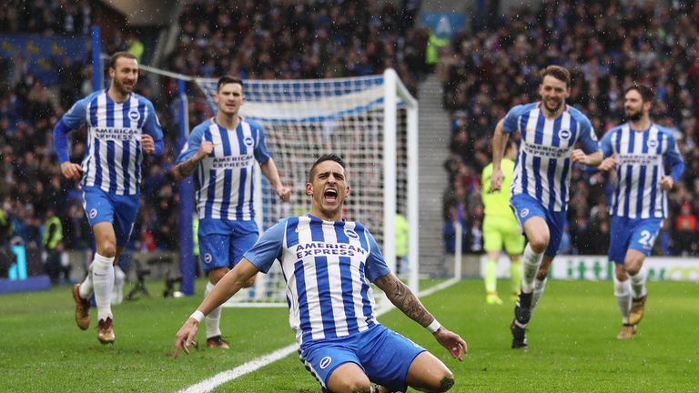 Anthony Knockaert celebrates scoring the opening goal during the Premier League match between Brighton and Bournemouth