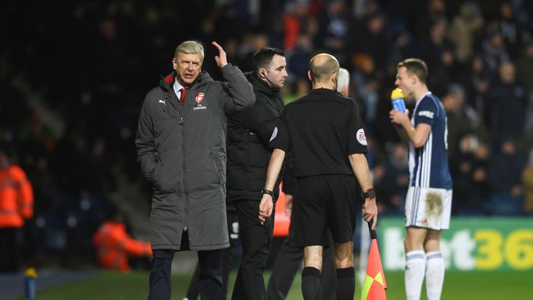Arsene Wenger reacts to a decision during the Premier League match between West Bromwich Albion and Arsenal at The Hawthorns on December 31, 2017