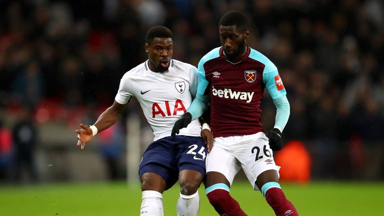 LONDON, ENGLAND - JANUARY 04:  Serge Aurier of Tottenham Hotspur battles for possesion with Arthur Masuaku of West Ham United during the Premier League mat