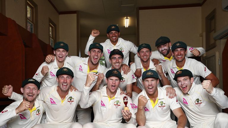 SYDNEY, AUSTRALIA - JANUARY 08:  Australia celebrate with the Ashes Urn in the changreooms during day five  of the Fifth Test match in the 2017/18 Ashes Se