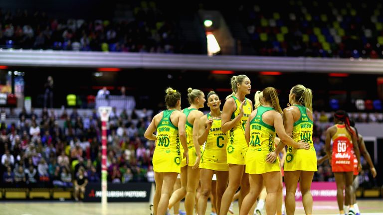 LONDON, ENGLAND - JANUARY 22:  Australia huddle before going off at half time during the Netball Quad Series Vitality Netball International match between E
