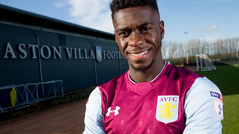 Aston Villa's new signing Axel Tuanzebe poses for a picture at the club's Bodymoor Heath training ground on January 25, 2018