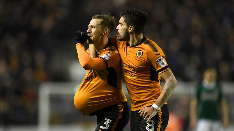 Barry Douglas celebrates with Ruben Neves after scoring Wolve's second goal