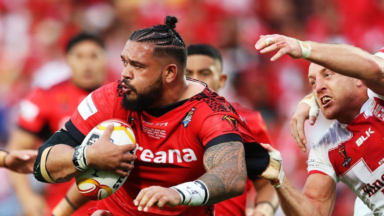 Ben Murdoch-Masila of Tonga charges forward during the 2017 Rugby League World Cup Semi Final match between Tonga and 