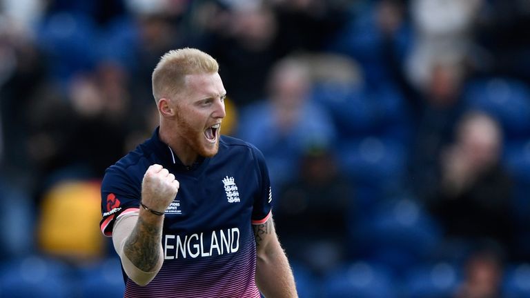 CARDIFF, WALES - JUNE 06:  England bowler Ben Stokes celebrates after dismissing Martin Guptill during the ICC Champions Trophy match between England and N