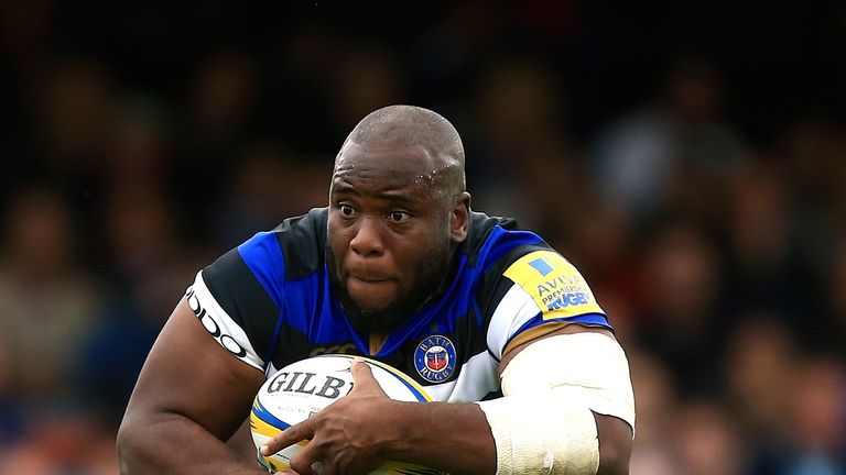 BATH, ENGLAND - OCTOBER 07:  Beno Obano of Bath in action during the Aviva Premiership match between Bath Rugby and Worcester Warriors at Recreation Ground