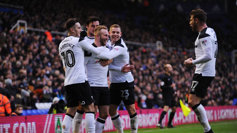 BIRMINGHAM, ENGLAND - JANUARY 13: Johnny Russell of Derby County celebrates after scoring during the Sky Bet Championship match between Birmingham City and