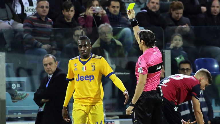 CAGLIARI, ITALY - JANUARY 06: Blaise Matuidi of Juventus is shown a yellow card during the Serie A match between Cagliari Calcio and Juventus at Stadio San