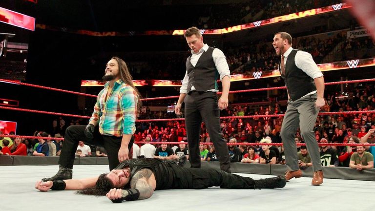 The Miztourage emulated The Shield with a triple powerbomb on Roman Reigns