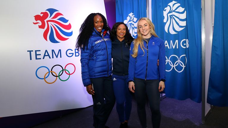 STOCKPORT, ENGLAND - JANUARY 23:  (l-r) Montell Douglas, Mica Moore and Mica McNeil pose during the Team GB Kitting Out Ahead Of Pyeongchang 2018 Winter Ol