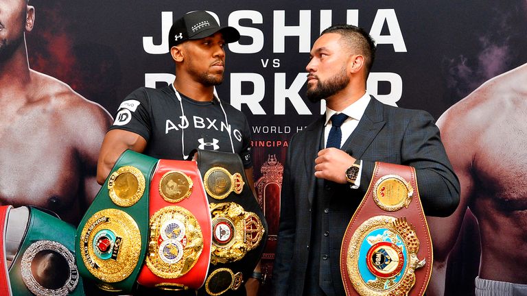 Anthony Joshua and Joseph Parker pose during the  Joshua v Parker press conference at the Dorchester Hotel