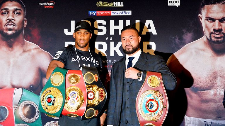 Anthony Joshua and Joseph Parker pose during the Joshua v Parker press conference at the Dorchester Hotel