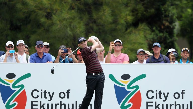 JOHANNESBURG, SOUTH AFRICA - JANUARY 11:  Branden Grace of South Africa tees off on the 1st hole during Day One of The BMW South African Open Championship 