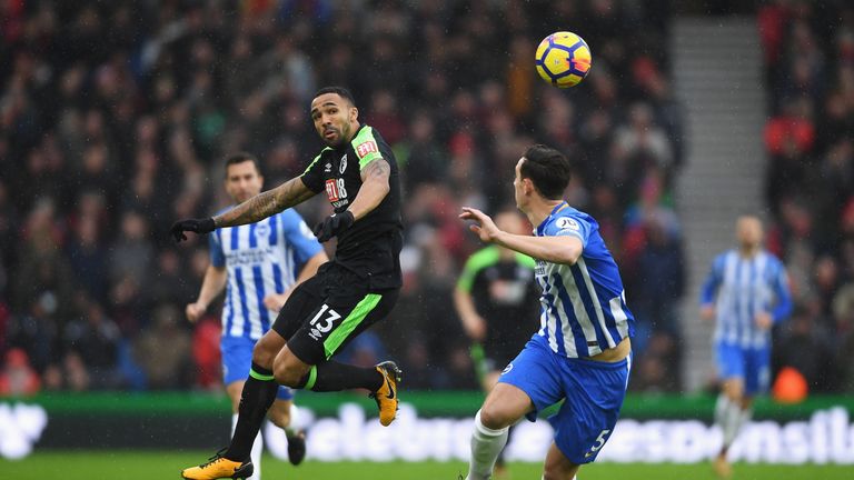 BRIGHTON, ENGLAND - JANUARY 01: Callum Wilson of AFC Bournemouth wins a header with Lewis Dunk of Brighton and Hove Albion during the Premier League match 
