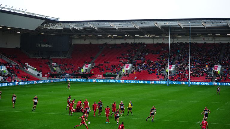 BRISTOL, ENGLAND - SEPTEMBER 03: General view of play as Jacob Perry of Hartpury College kicks the ball away during the Greene King IPA Championship match 