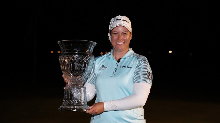 PARADISE ISLAND, BAHAMAS - JANUARY 28:  Brittany Lincicome holds the winner's trophy after winning the Pure Silk Bahamas LPGA Classic at the Ocean Golf Cou