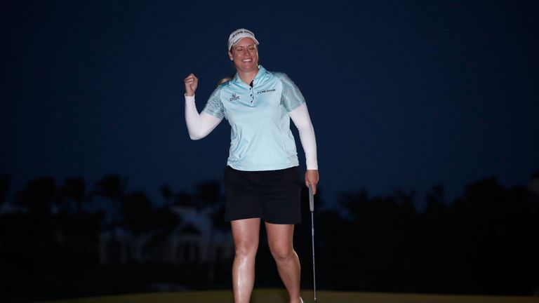PARADISE ISLAND, BAHAMAS - JANUARY 28:  Brittany Lincicome celebrates after putting out on the 18th hole to win the Pure Silk Bahamas LPGA Classic at the O
