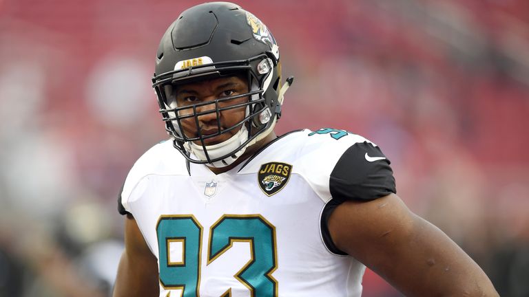 SANTA CLARA, CA - DECEMBER 24:  Calais Campbell #93 of the Jacksonville Jaguars looks on during pregame warm ups prior to the start of an NFL football game