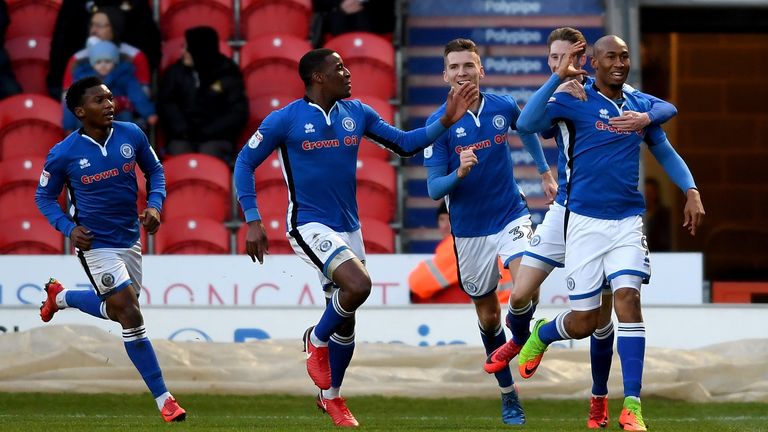 DONCASTER, ENGLAND - JANUARY 06:  Calvin Andrew of Rochdale celebrates after he scores the opening goal during the Emirates FA Cup Third Round tie between 