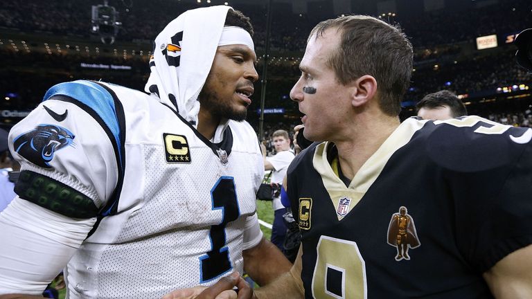 NEW ORLEANS, LA - JANUARY 07: Drew Brees #9 of the New Orleans Saints and Cam Newton #1 of the Carolina Panthers greet after the NFC Wild Card playoff game