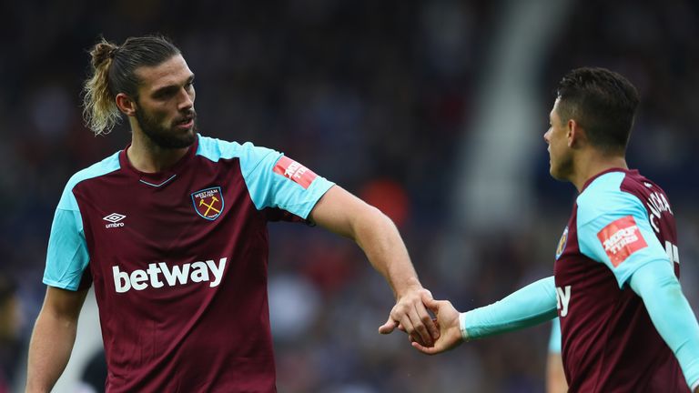 WEST BROMWICH, ENGLAND - SEPTEMBER 16: Andy Carroll (L) and Chicharito of West Ham United during the Premier League match between West Bromwich Albion and 