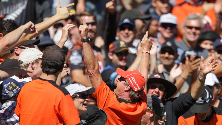  A fan celebrates after taking a one-handed catch for the Tui 'Catch a Million' competition during the 2015 Cricket World Cup