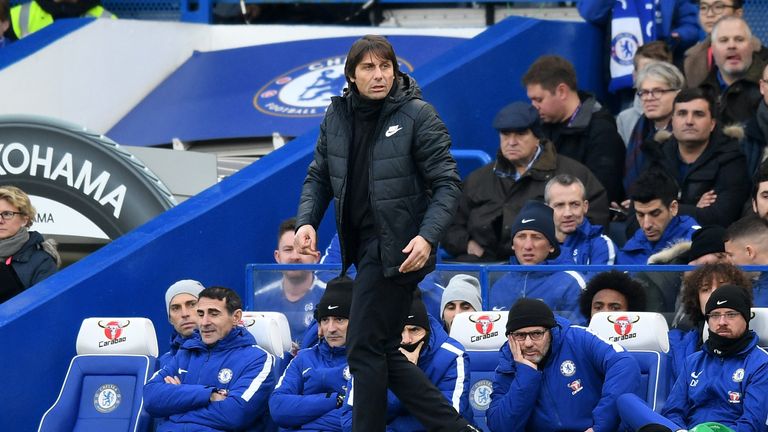 LONDON, ENGLAND - JANUARY 13: Antonio Conte, Manager of Chelsea looks on during the Premier League match between Chelsea and Leicester City at Stamford Bri