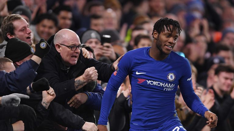 LONDON, ENGLAND - JANUARY 17:  Michy Batshuayi of Chelsea celebrates after scoing his sides first goal during The Emirates FA Cup Third Round Replay betwee
