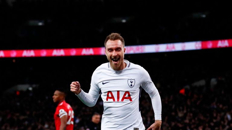 Christian Eriksen celebrates scoring the opening goal during the Premier League match between Tottenham Hotspur and Manchester United