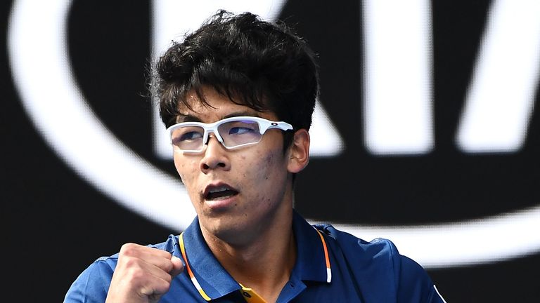 MELBOURNE, AUSTRALIA - JANUARY 20:  Hyeon Chung of Korea celebrates after winning the second set in his third round match against Alexander Zverev of Germa