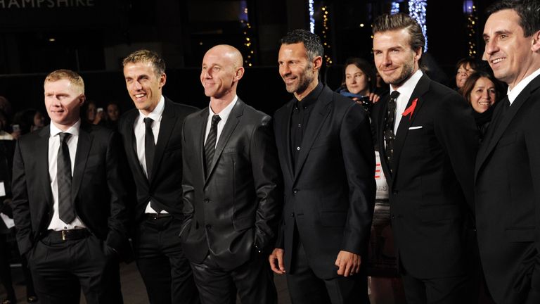 LONDON, UNITED KINGDOM - DECEMBER 01: (L-R) Paul Scholes, Phil Neville, Nicky Butt, Ryan Giggs, David Beckham and Gary Neville attend the World premiere of