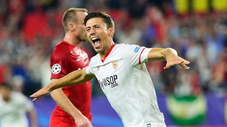 Sevilla's French defender Clement Lenglet celebrates after scoring a goal during the UEFA Champions League group E football match between Sevilla and Spart