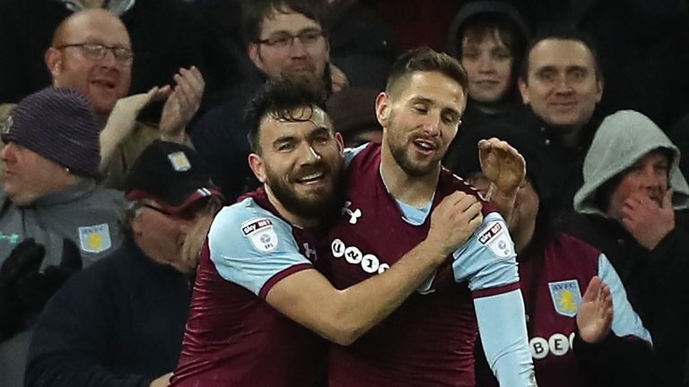 Conor Hourihane celebrates with team-mate Robert Snodgrass after scoring Aston Villa's fifth goal