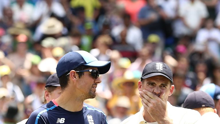 SYDNEY, AUSTRALIA - JANUARY 08:  Alastair Cook and James Anderson of England look on during the presentation day five  of the Fifth Test match in the 2017/