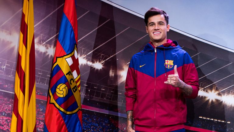 BARCELONA, SPAIN - JANUARY 07:  Philippe Coutinho poses prior to signing his new contract with FC Barcelona at Camp Nou on January 7, 2018 in Barcelona, Sp