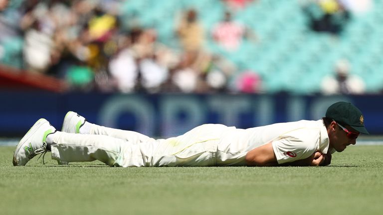 SYDNEY, AUSTRALIA - JANUARY 05: Pat Cummins of Australia drops a catch during day two of the Fifth Test match in the 2017/18 Ashes Series between Australia