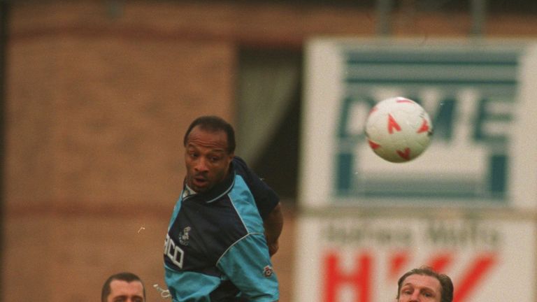  CYRILLE REGIS OF WYCOMBE WANDERERS RISES ABOVE THE WEST HAM DEFENCE TO HEAD THE BALL AT GOAL DURING THEIR FA CUP THIRD ROUND MATCH AT WYCOMBE.