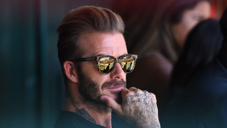 David Beckham attends the MLB game between the Los Angeles Angels and the New York Yankees at Angel Stadium of Anaheim on August 21 