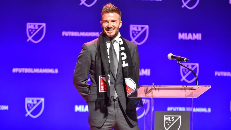 David Beckham addresses the crowd during the press conference announcing an MLS franchise in Miami at the Knight Concert Hall on Ja