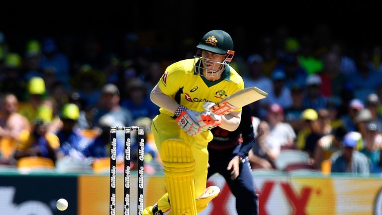 David Warner of Australia plays a shot during game two of the One Day International series between Australia and England