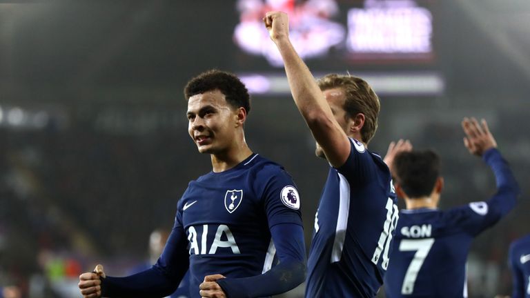 Dele Alli celebrates after scoring Tottenham's second goal in the 2-0 win over Swansea at the Liberty Stadium