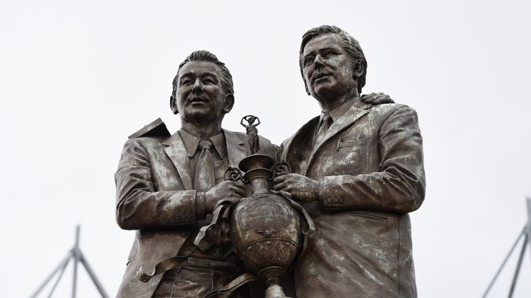 A statue of ex-Derby County management team Brian Clough and Peter Taylor is seen outside the stadium