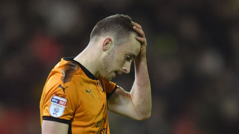 Wolverhampton Wanderers' Diogo Jota reacts after his shot at goal went over the bar during the Sky Bet Championship match at Oakwell, Barnsley.