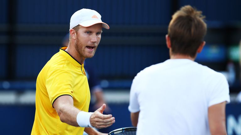 NEW YORK, NY - AUGUST 31:  Daniel Nestor of Canada and Dominic Inglot of Great Britain (L) react against Mikhail Elgin and Daniil Medvedev of Russia during