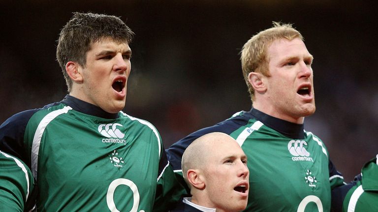 Ireland's Donncha O'Callaghan (left) , Peter Stringer and Paul O'Connell sing the national anthem before the RBS 6 Nations match against England at Croke P