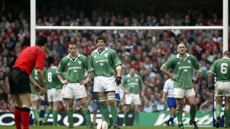 RBS Six Nations 22/3/2003.Wales vs Ireland.Marcus Horan, Donncha O'Callaghan and John Hayes of Ireland face a Stephen Jones penalty.Mandatory Credit ..