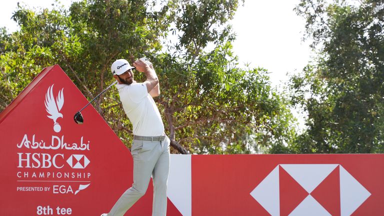 ABU DHABI, UNITED ARAB EMIRATES - JANUARY 16: Dustin Johnson of the United States plays a shot from the eighth tee during practice rounds for the Abu Dhabi