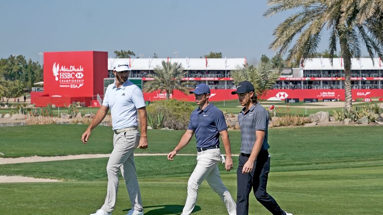 Dustin Johnson, Rory McIlroy and Tommy Fleetwood during the second round of the 2018 Abu Dhabi HSBC Gof Championship 