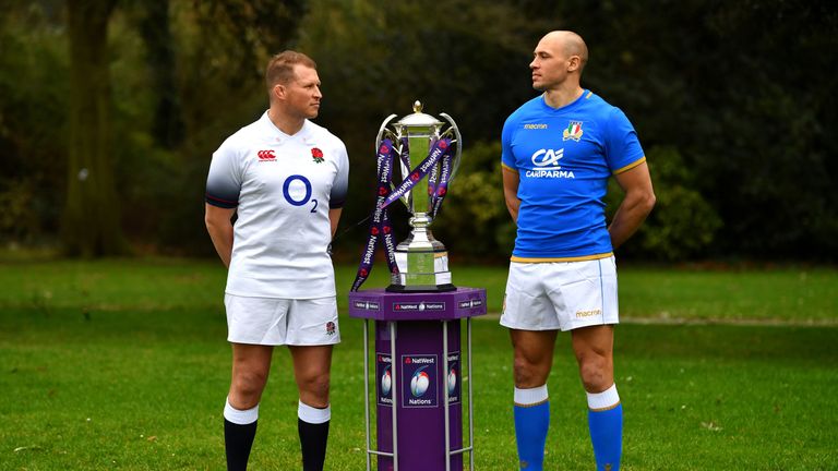 LONDON, ENGLAND - JANUARY 24:  Dylan Hartley of England and Sergio Parisse of Italy  pose with throphy during the 6 Nations Launch at the Hitlon on January